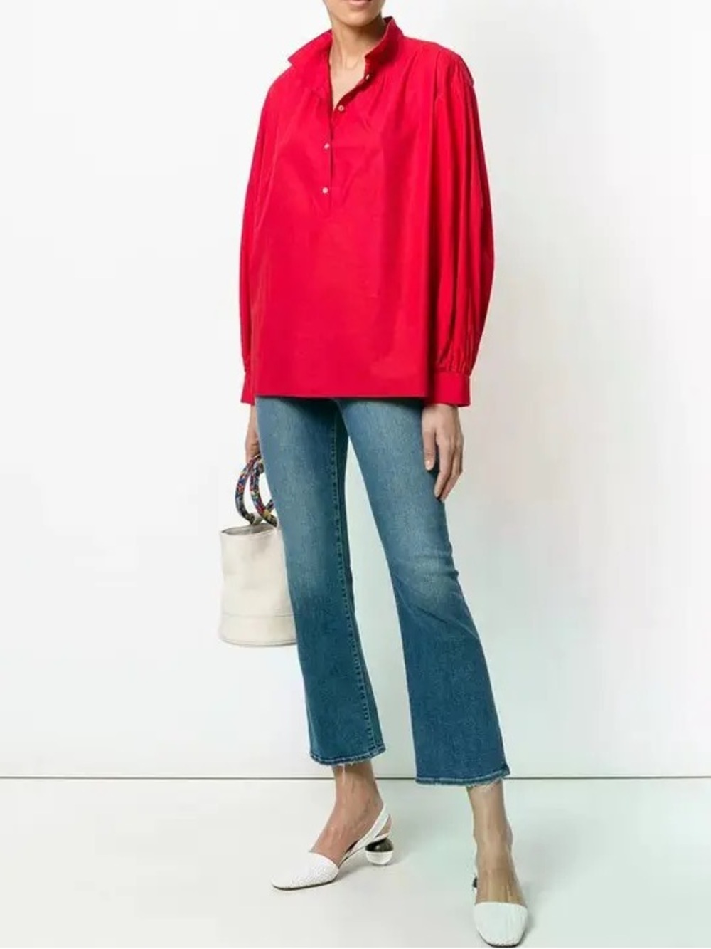 Nili Lotan Claria Red Cotton Henley Blouse Mandarin Collar Balloon Sleeve Size M